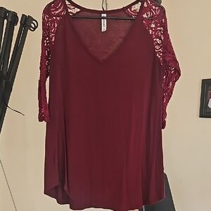 #3658 Women's Burgundy Lace Sleeve Top